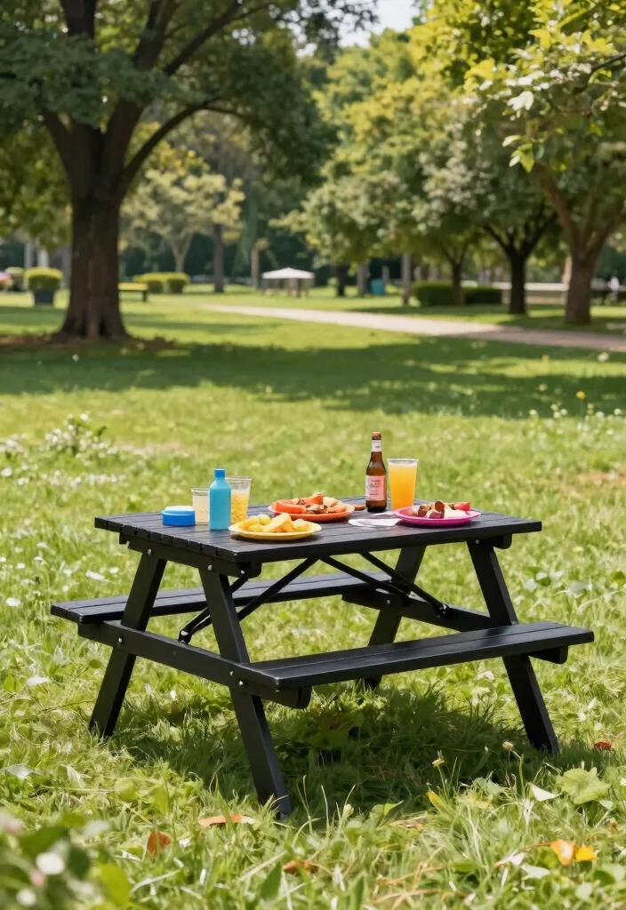 15 Black Patio Furniture Ideas That Don't Show Dirt and Pollen - 13. Black Portable Picnic Tables 1
