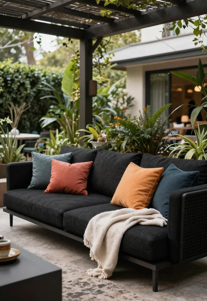 15 Black Patio Furniture Ideas That Don't Show Dirt and Pollen - 4. Black Fabric Sofas 1