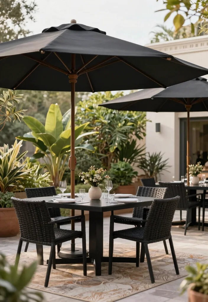 15 Black Patio Furniture Ideas That Don't Show Dirt and Pollen - 5. Weather-Resistant Black Umbrellas 1