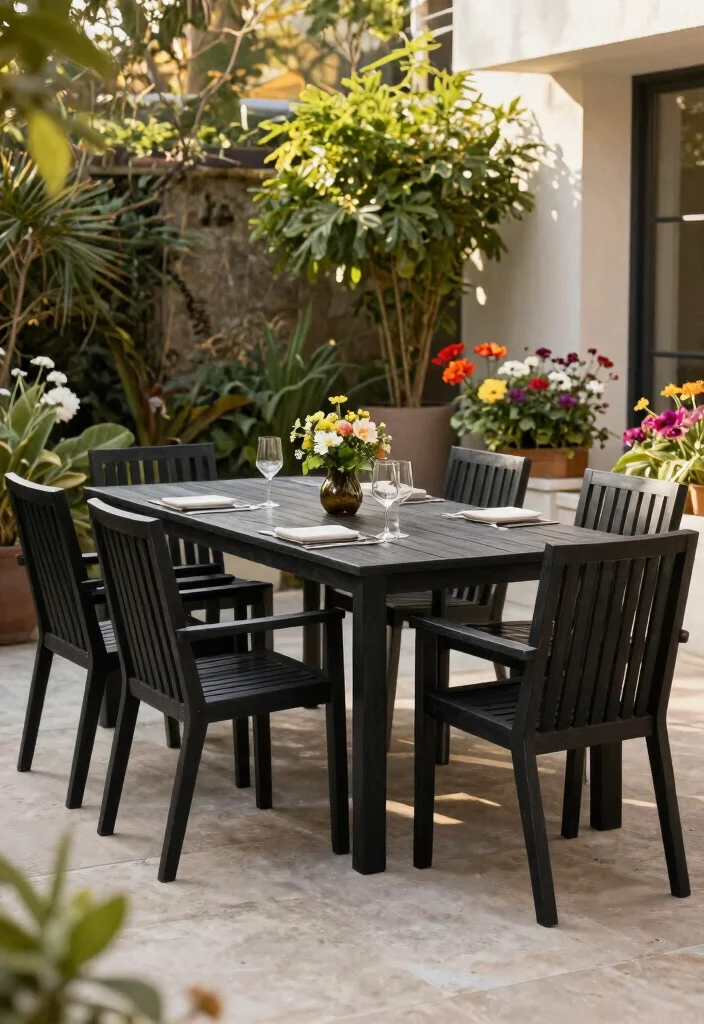 15 Black Patio Furniture Ideas That Don't Show Dirt and Pollen - 9. Black Wood Slat Furniture 1
