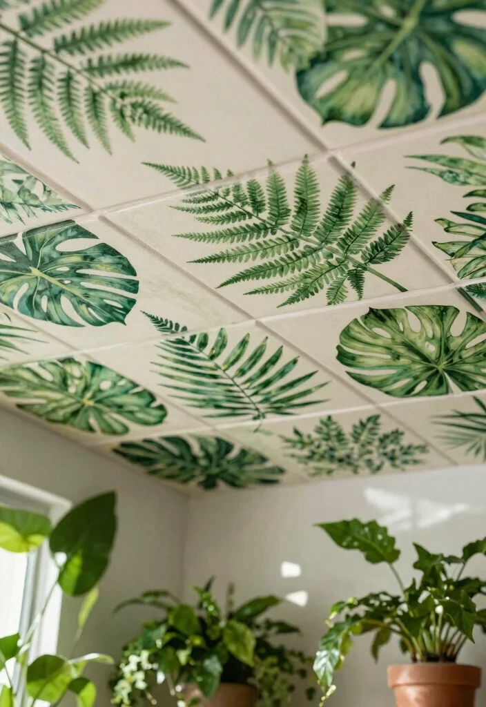 15 Ceiling Tile Makeover Ideas That Cover Water Stains Fast - 1. Botanical Prints for a Lush Look 1