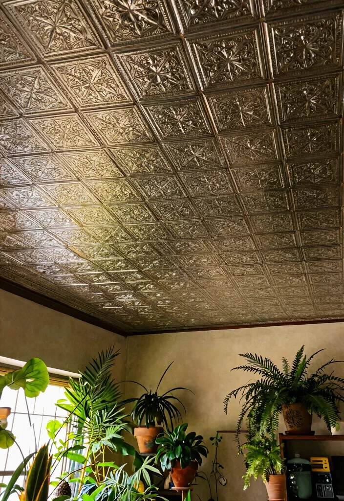 15 Ceiling Tile Makeover Ideas That Cover Water Stains Fast - 11. Vintage Tin Tiles 1