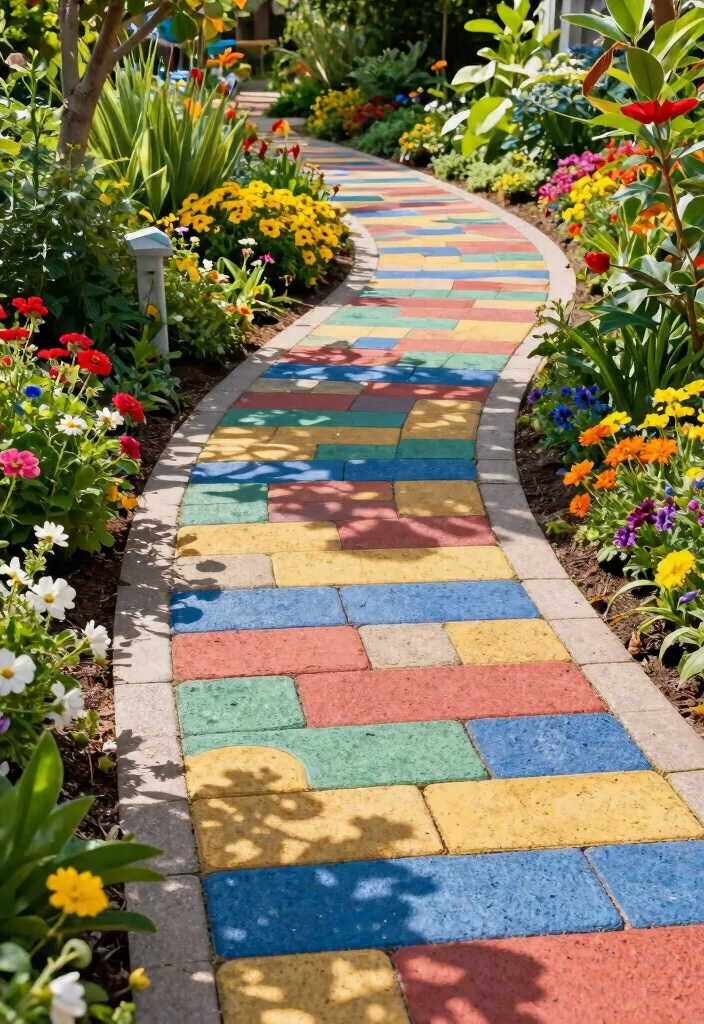 15 Cement Paver Walkway Ideas That Don't Shift or Sink Over Time - 9. Colorful Cement Paver Walkway 1