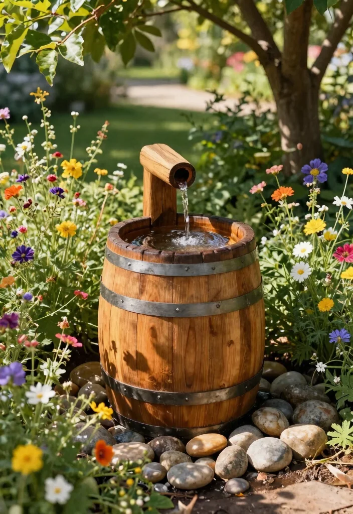 15 Fuente Para Patio Ideas Que No Necesitan Instalacion Complicada - 1. Rustic Wooden Barrel Fountain 1