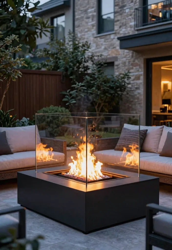 15 Modern Backyard Fire Pit Ideas for Small Spaces - 14. Fire Pit with Glass Surround 1