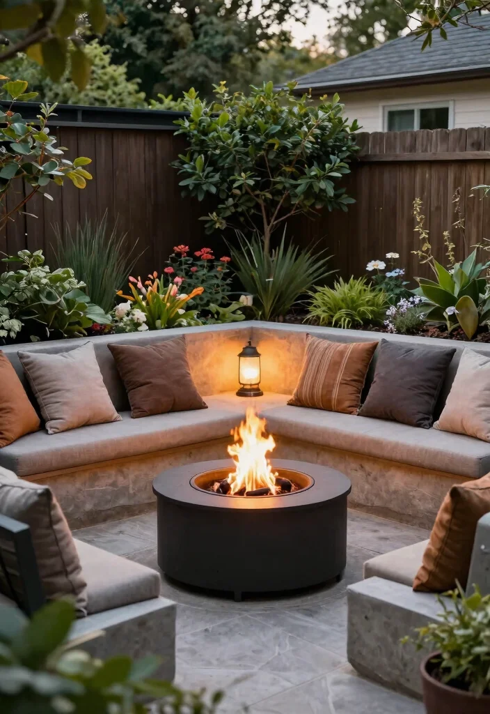 15 Modern Backyard Fire Pit Ideas for Small Spaces - 2. Fire Pit with Built-in Seating 1