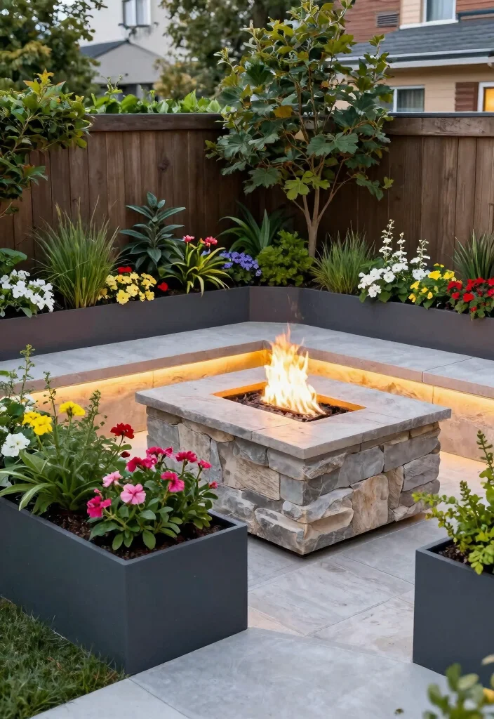 15 Modern Backyard Fire Pit Ideas for Small Spaces - 5. Fire Pit with Planter Integration 1