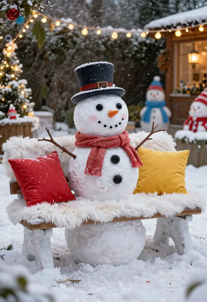 15 Outdoor Snowman Ideas That Survive Wind Without Tipping - 10. Snowman Bench 1