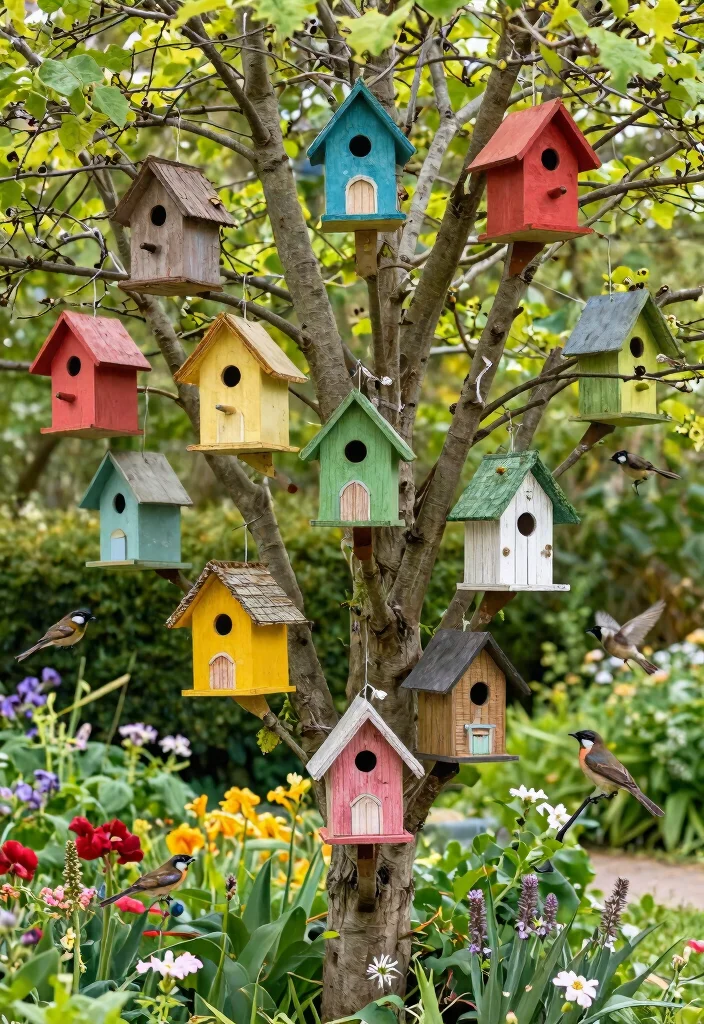 15 Outdoor Tree Decorations That Stay Put in Wind and Weather - 10. Colorful Birdhouses 1