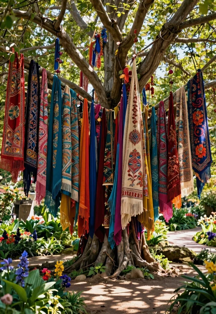 15 Outdoor Tree Decorations That Stay Put in Wind and Weather - 13. Colorful Tapestries 1