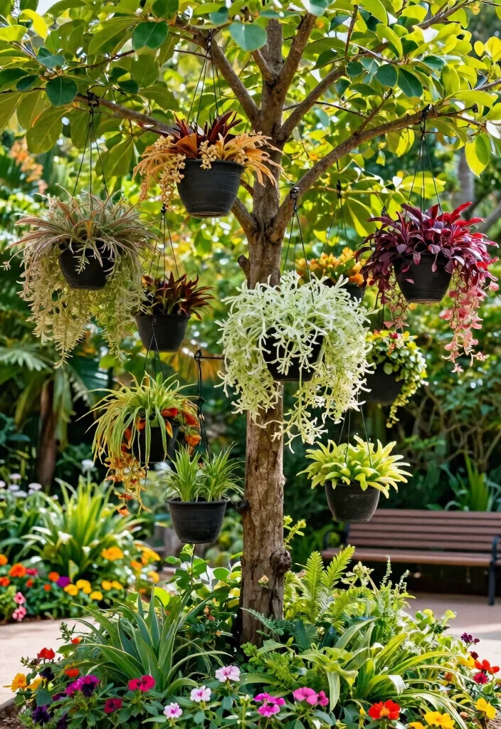 15 Outdoor Tree Decorations That Stay Put in Wind and Weather - 8. Hanging Planters with Drought-Resistant Plants 1