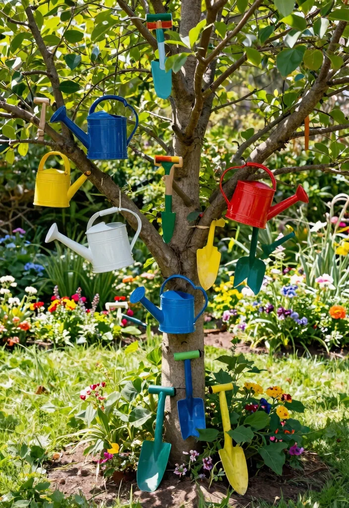 15 Outdoor Tree Decorations That Stay Put in Wind and Weather - 9. Upcycled Garden Tools 1