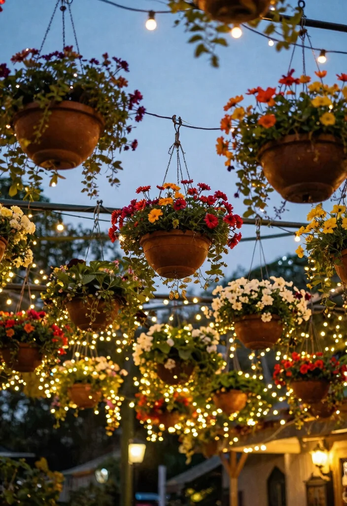 15 Ways to Hang Outdoor String Lights Without Drilling Into Stone - 8. Use Hanging Planters 1