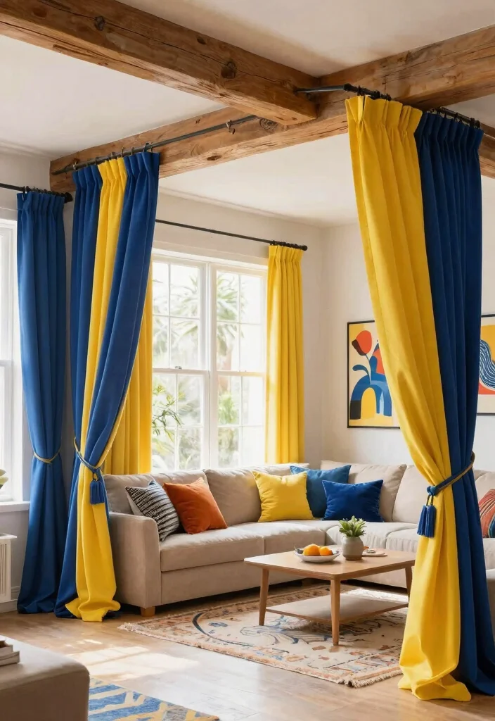 15 Wood Beams on Ceiling Living Room Concepts for Low Ceilings That Feel Higher - 10. Beam Accents with Colorful Drapery 1