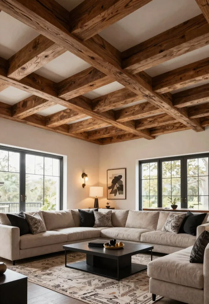 15 Wood Beams on Ceiling Living Room Concepts for Low Ceilings That Feel Higher - 11. Multi-Level Beams for Depth 1