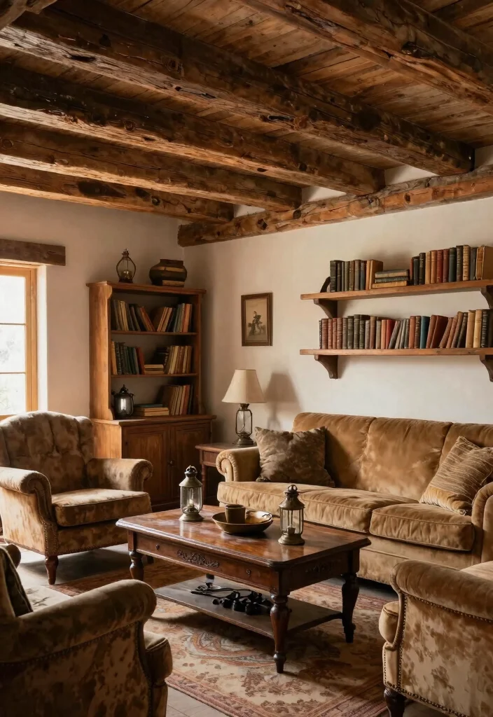 15 Wood Beams on Ceiling Living Room Concepts for Low Ceilings That Feel Higher - 12. Rustic Wood Beams with Vintage Finds 1