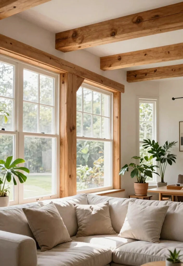 15 Wood Beams on Ceiling Living Room Concepts for Low Ceilings That Feel Higher - 13. Beams Framed by Natural Light 1