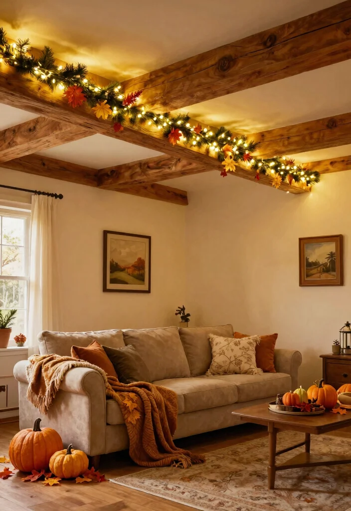 15 Wood Beams on Ceiling Living Room Concepts for Low Ceilings That Feel Higher - 15. Seasonal Decor to Enhance Your Beams 1
