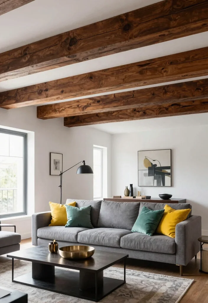 15 Wood Beams on Ceiling Living Room Concepts for Low Ceilings That Feel Higher - 2. Dark Wooden Beams for Contrast 1
