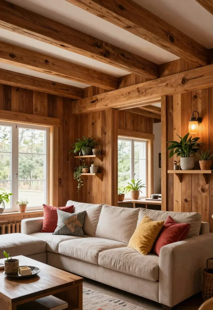 15 Wood Beams on Ceiling Living Room Concepts for Low Ceilings That Feel Higher - 3. Beam and Board Combination 1