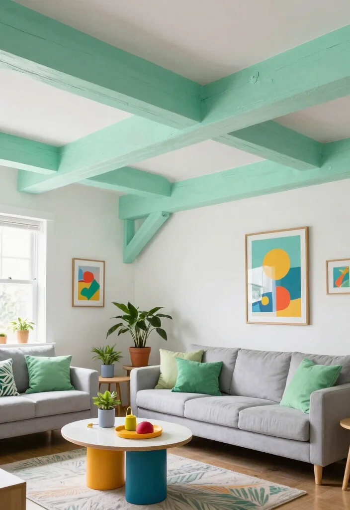15 Wood Beams on Ceiling Living Room Concepts for Low Ceilings That Feel Higher - 4. Painted Beams for a Pop of Color 1