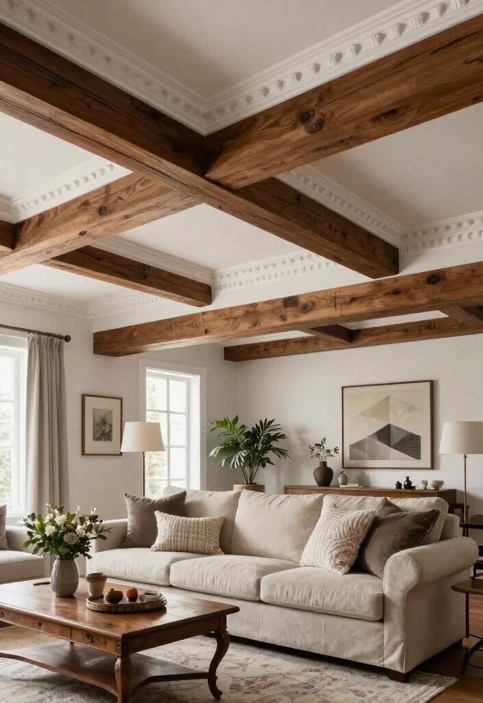 15 Wood Beams on Ceiling Living Room Concepts for Low Ceilings That Feel Higher - 6. Beams with Decorative Molding 1