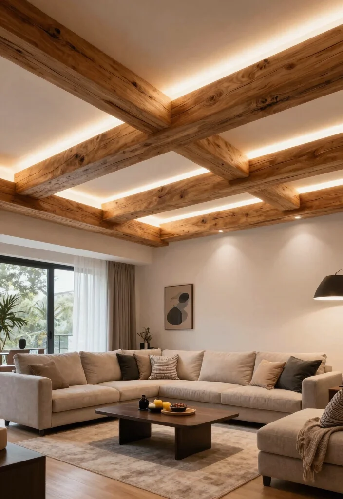 15 Wood Beams on Ceiling Living Room Concepts for Low Ceilings That Feel Higher - 7. Beams with Integrated Lighting 1