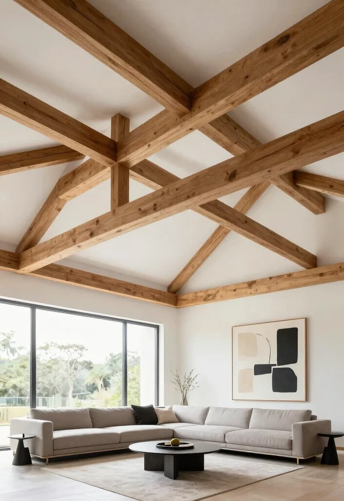 15 Wood Beams on Ceiling Living Room Concepts for Low Ceilings That Feel Higher - 9. Beams with Geometric Shapes 1