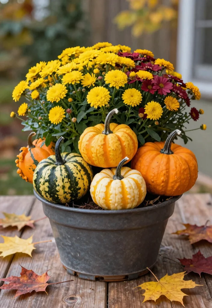 18 Fall Flower Pots That Survive Frost and Still Look Full - 14. Creative Use of Decorative Gourds 1