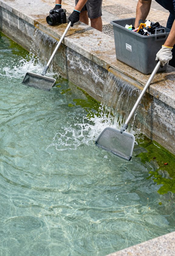 weekly debris removal maintains crystal clear fountain water