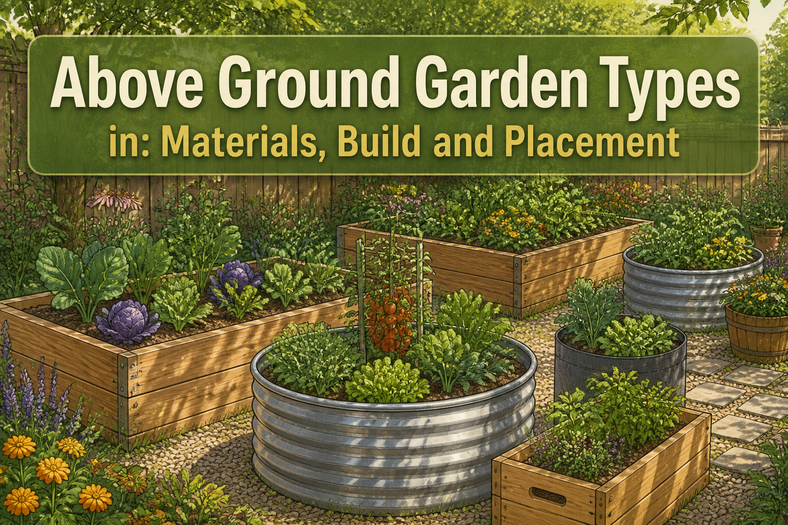 Various above ground garden types including wood, metal, stone, and fabric.