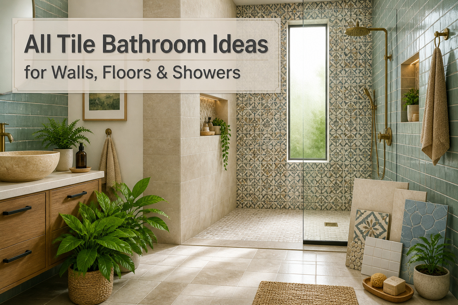 An all-tile bathroom with porcelain tiles in soft ivory on walls and ceiling.