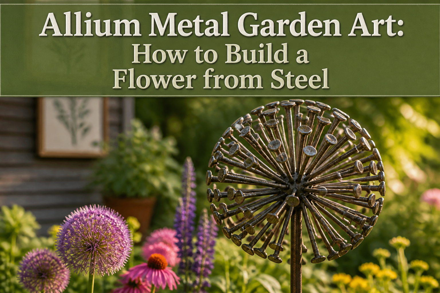 A steel allium flower art piece stands against a green background.