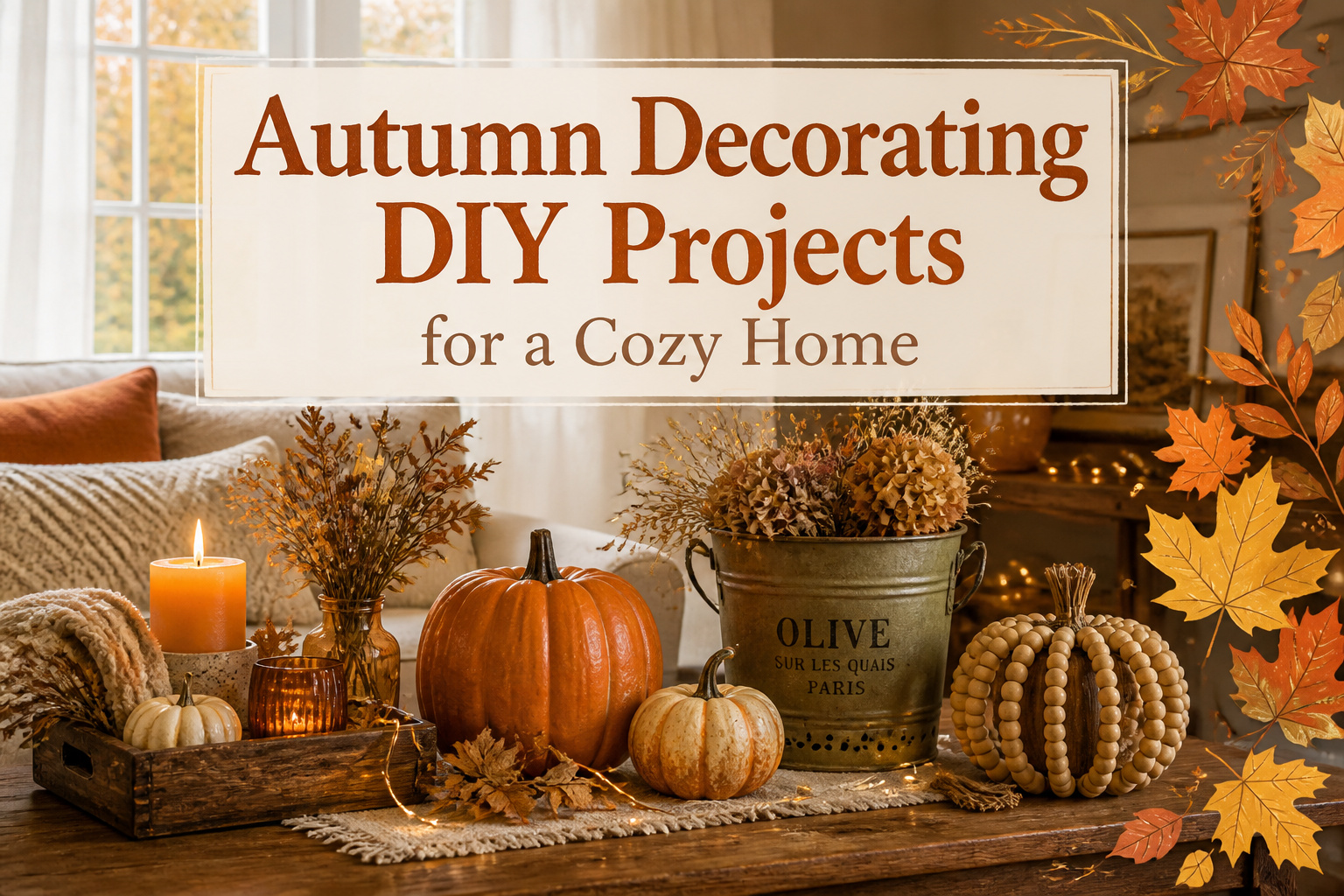 A decorated home featuring autumn-themed decor and warm lighting.