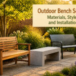 Different styles of outdoor benches arranged in a garden setting.