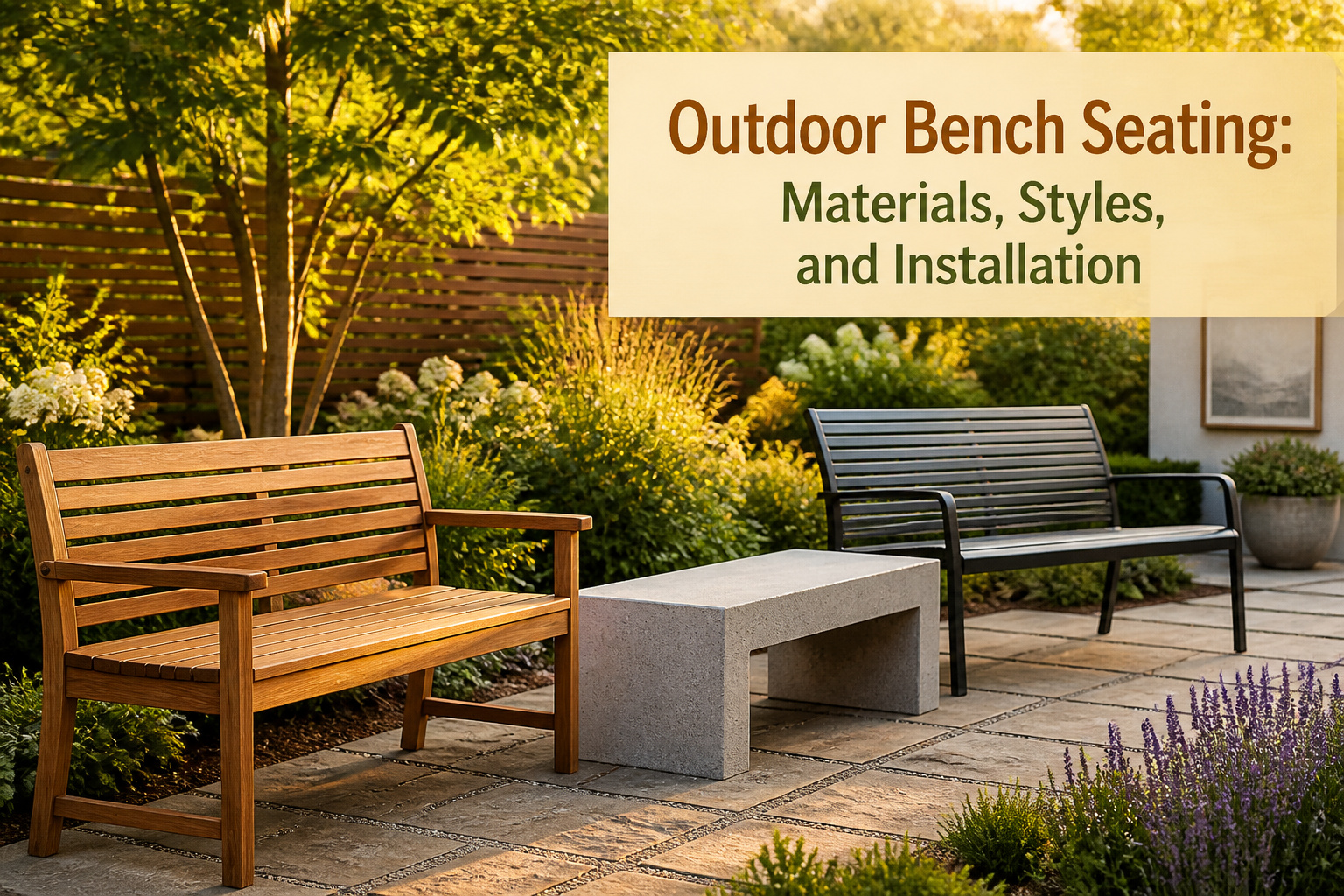 Different styles of outdoor benches arranged in a garden setting.
