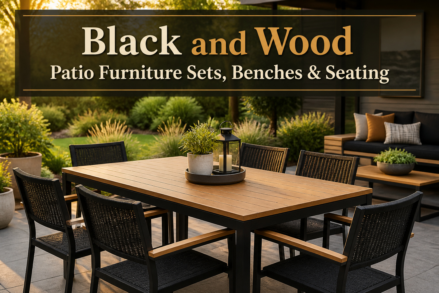 Various black and wood patio furniture arranged in an outdoor setting.
