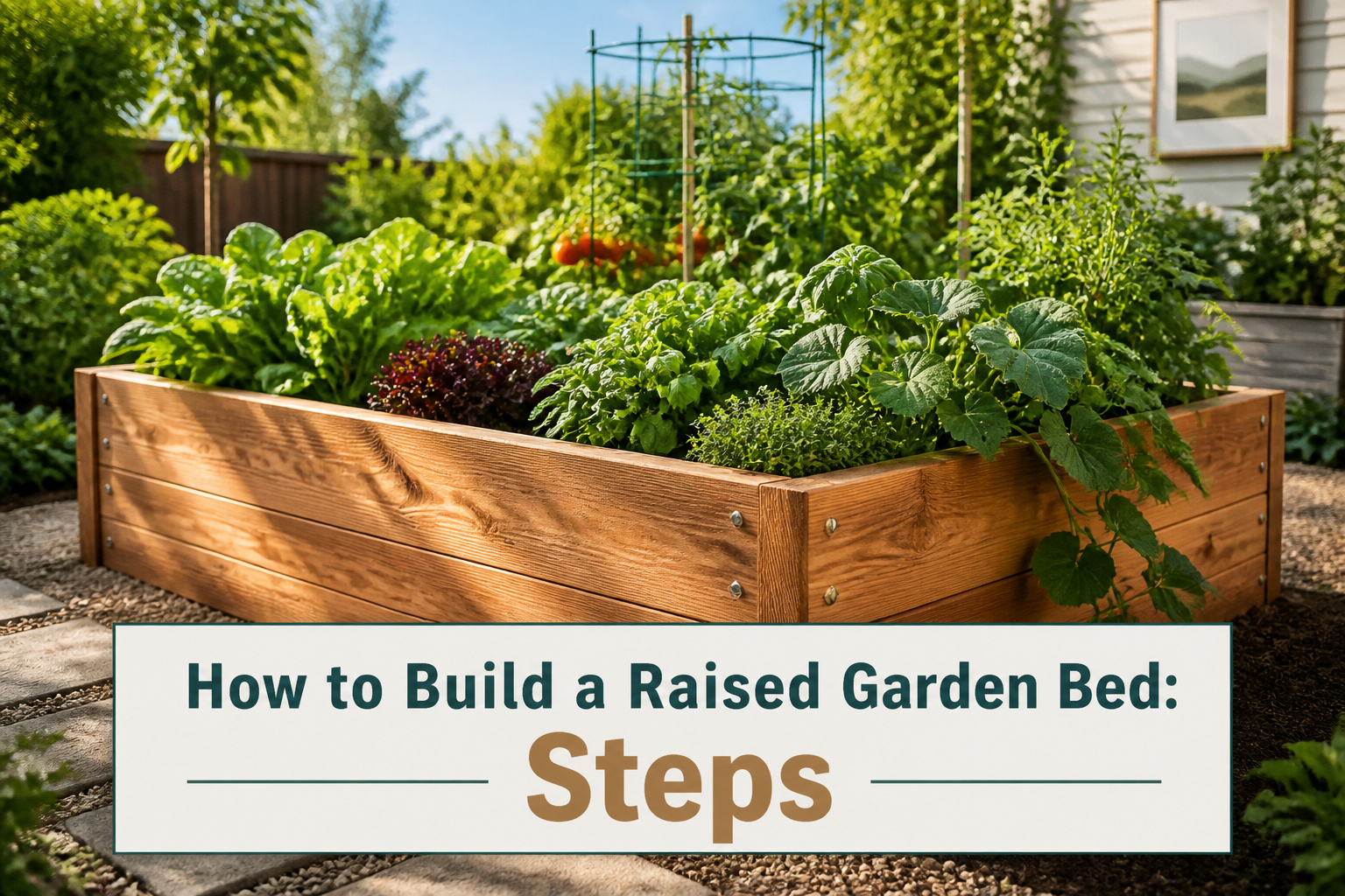 A completed raised garden bed made from wooden boards.
