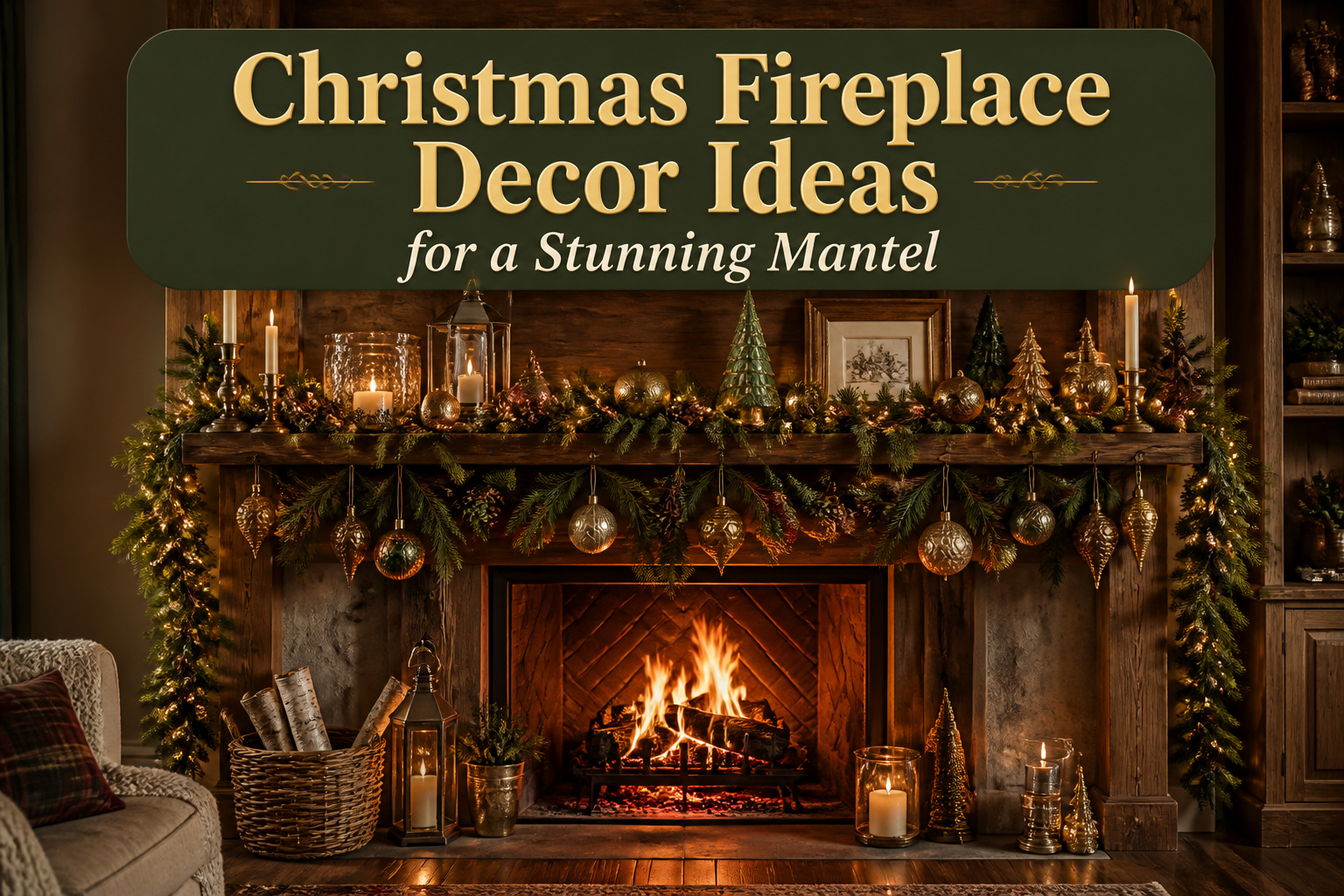 A decorated fireplace mantel featuring Christmas decorations and greenery.