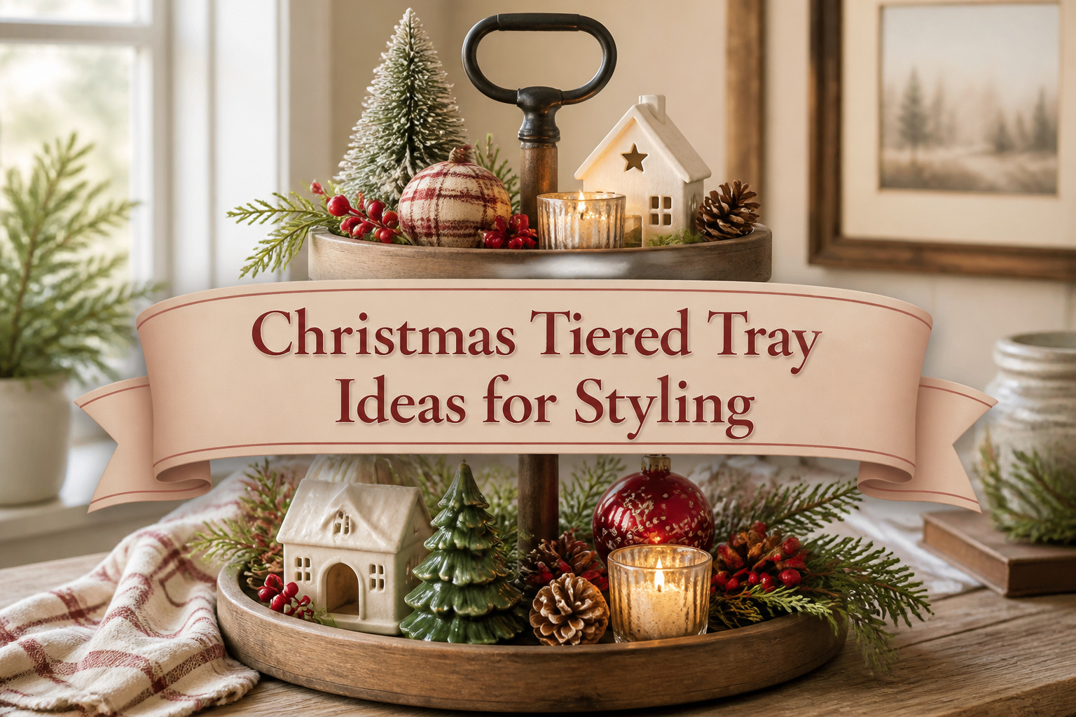 A tiered tray filled with Christmas decorations and festive items.