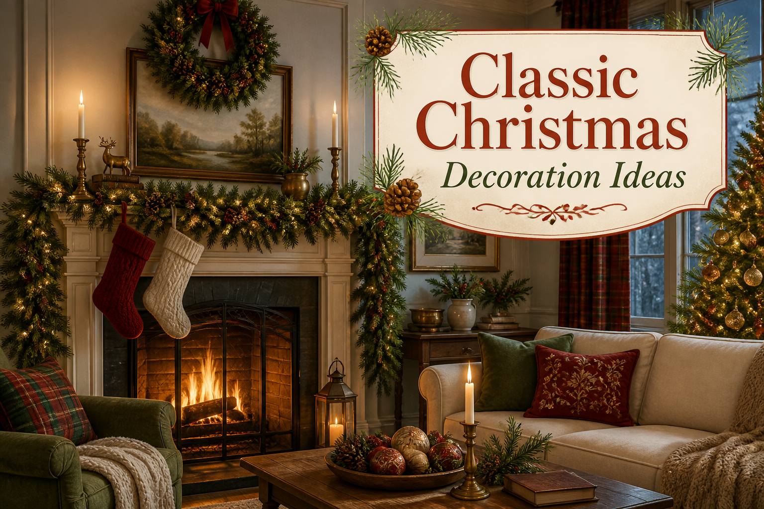 A cozy living room decorated with classic Christmas ornaments and colors.