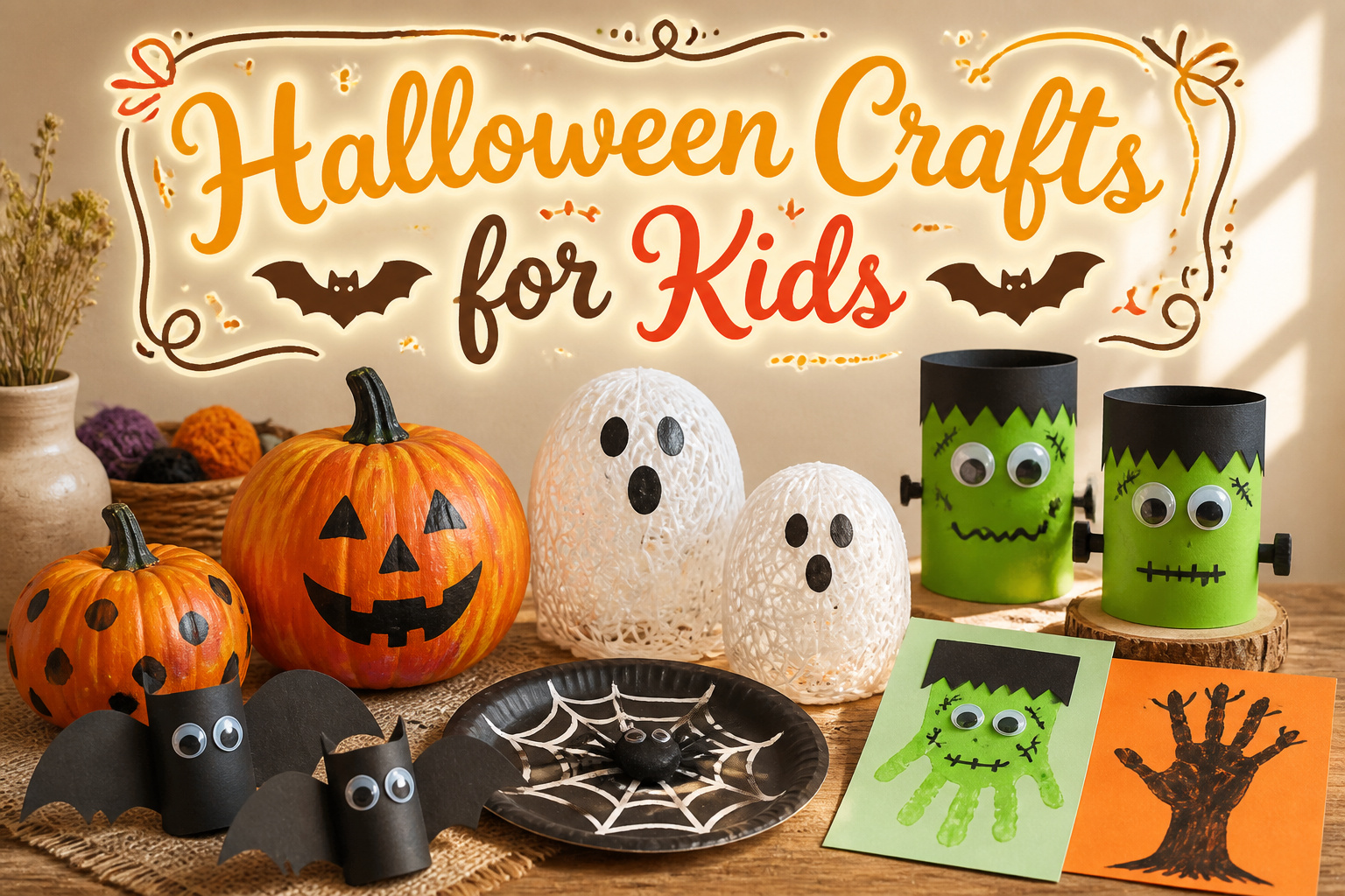 Various Halloween crafts including pumpkins, ghosts, and bats on a table.