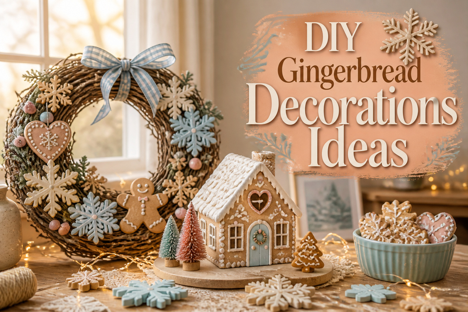 Various DIY gingerbread decorations displayed on a festive background.