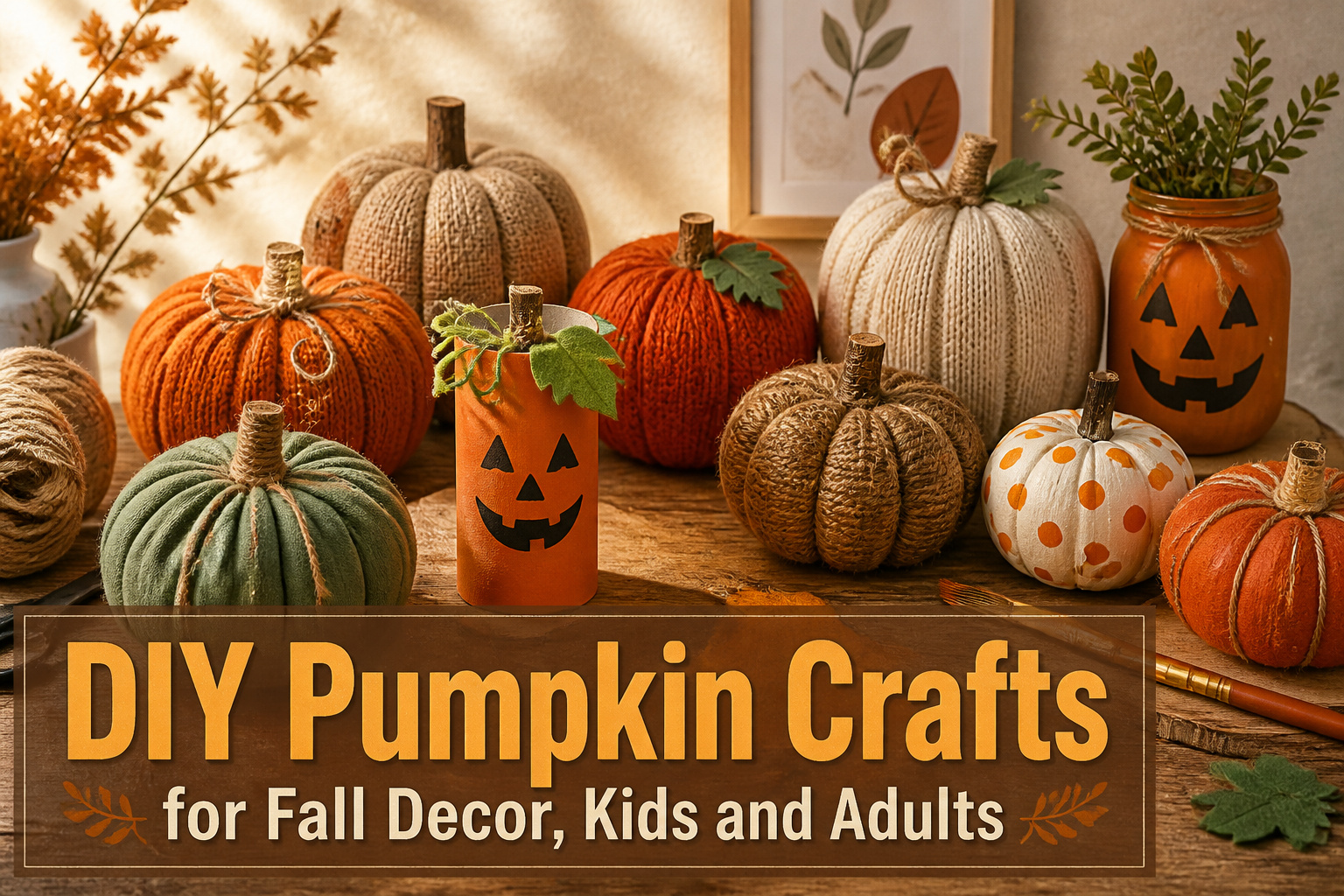 Various DIY pumpkin crafts displayed on a rustic wooden table.