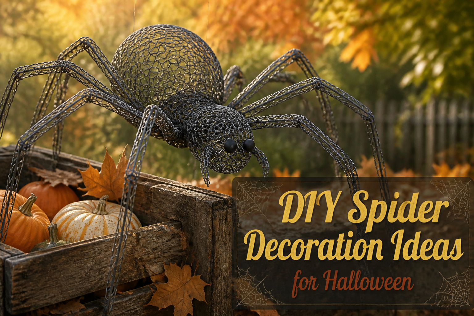 A variety of DIY spider decorations set in a Halloween theme.