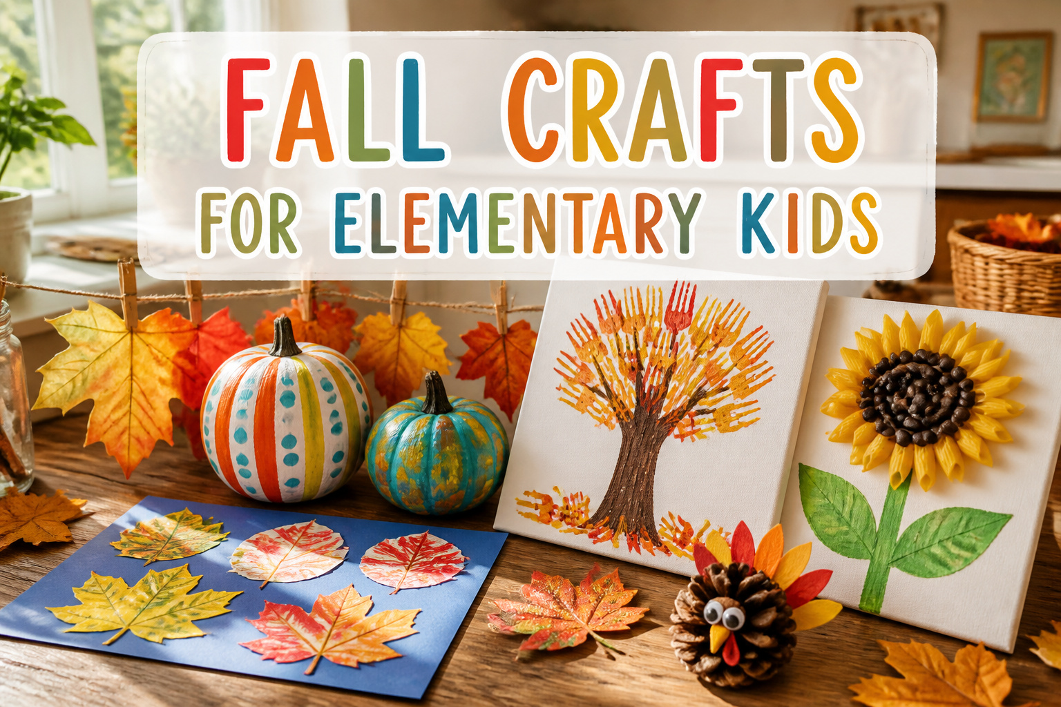Table filled with various fall crafts for kids, showcasing creativity and fun.