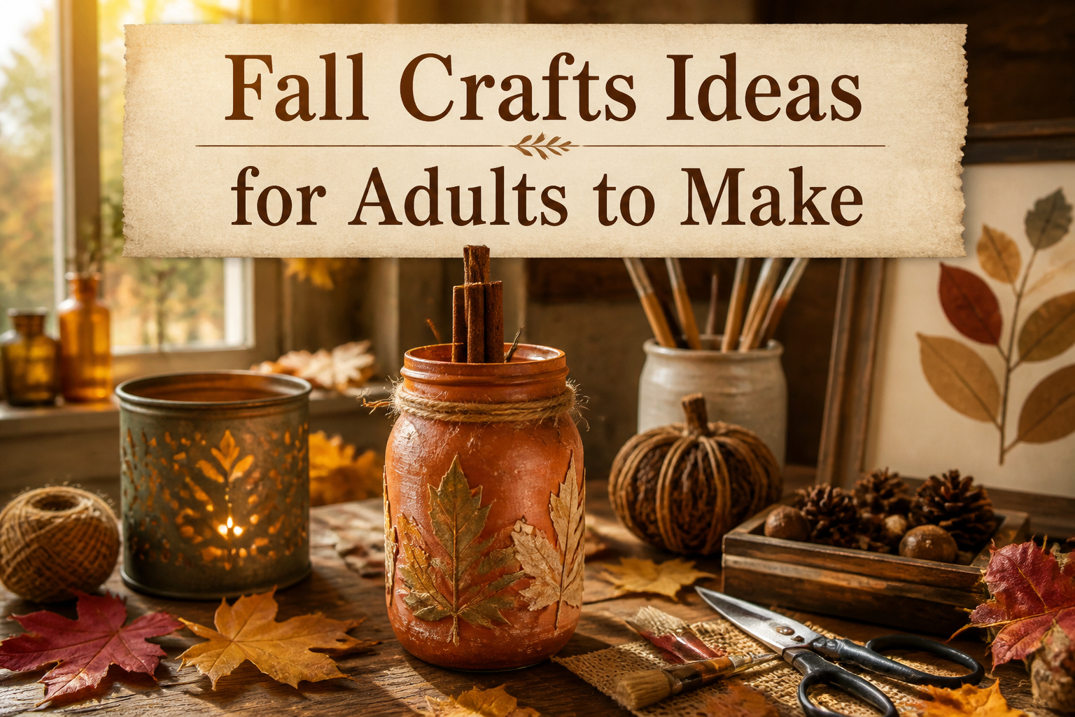 A table filled with various fall craft supplies and decorations.
