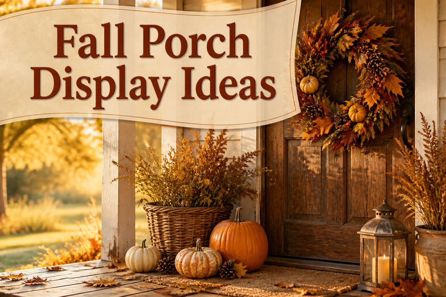 A fall porch display with pumpkins, mums, and rustic elements.