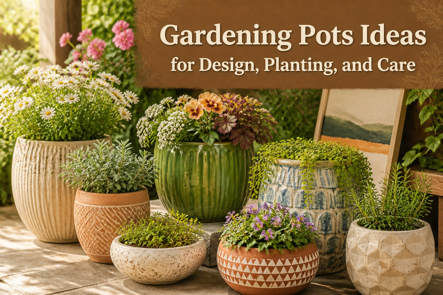 Assorted gardening pots filled with colorful plants and flowers.