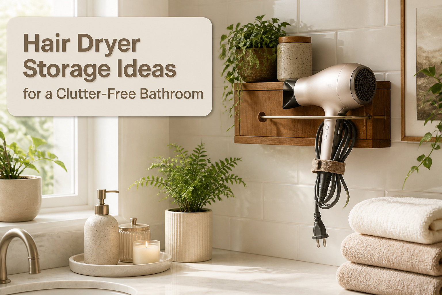 A variety of hair dryer storage ideas displayed in a bathroom setting.